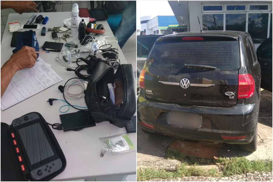 Objetos e carro apreendidos com o acusado