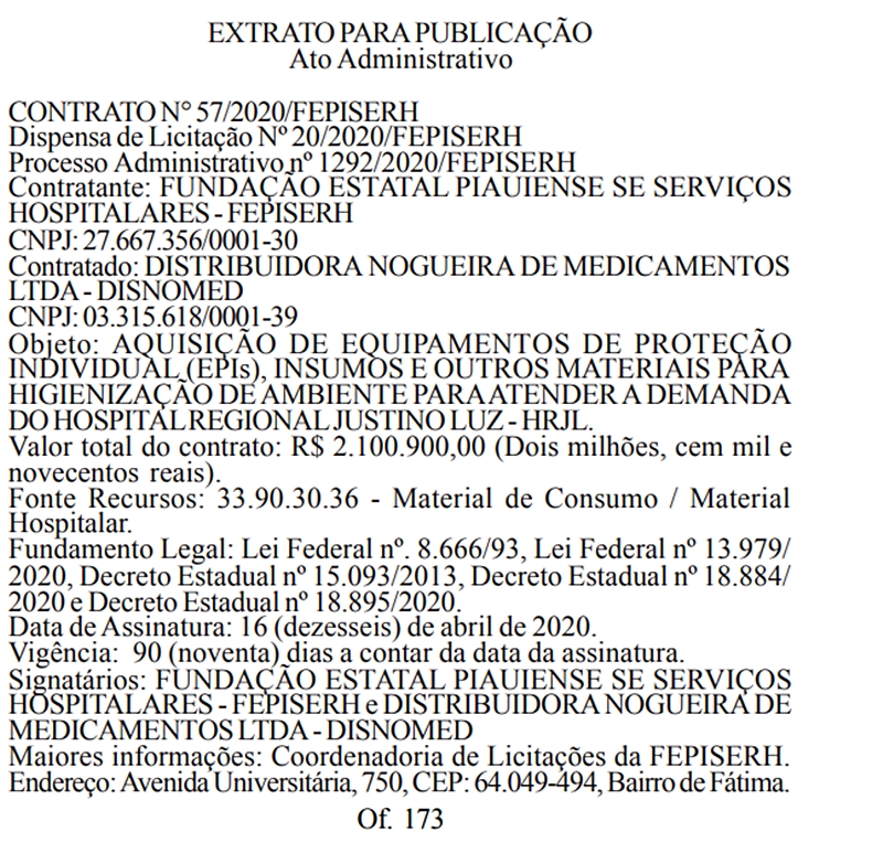 Extrato contrato da FEPISERH