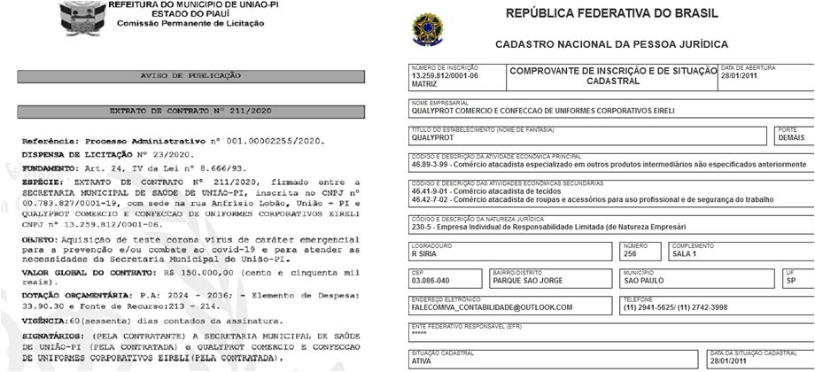 Extrato de contrato e comprovante de inscrição da Prefeitura de União