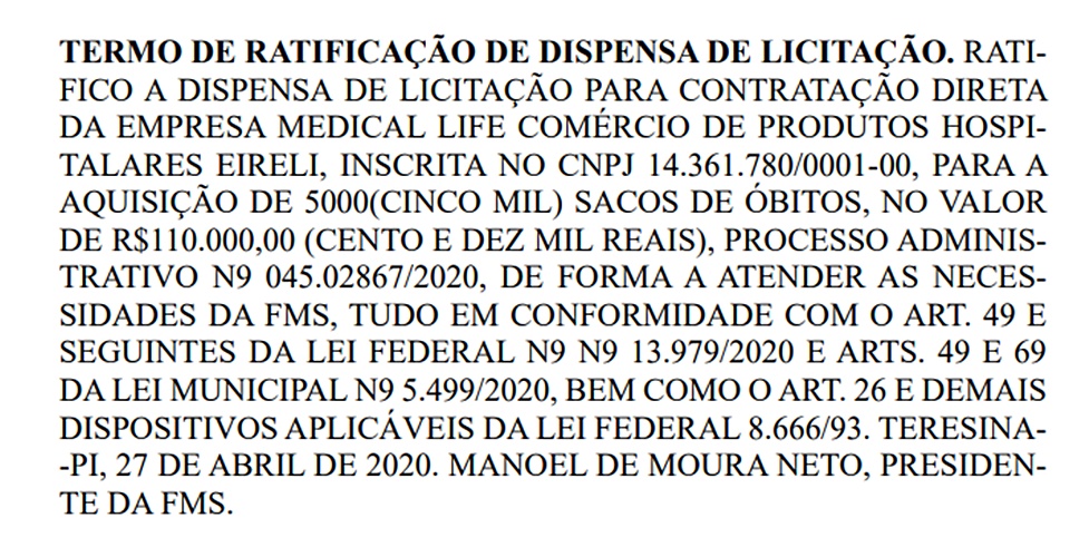 Termo de Dispensa de Licitação para contratação de sacos de óbitos