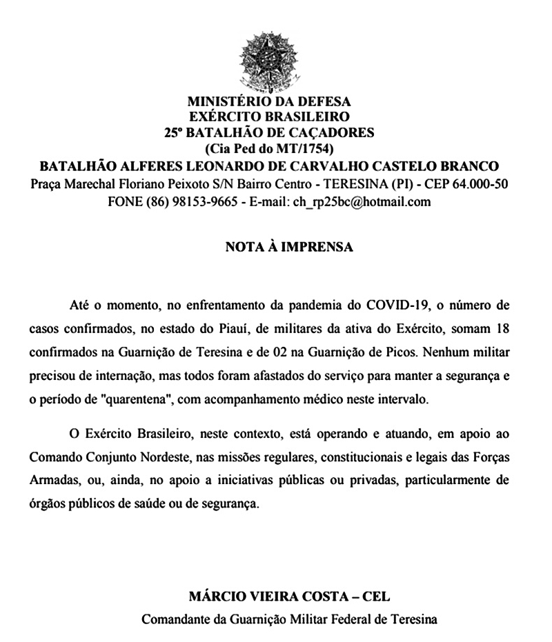 Nota do Exército em Teresina