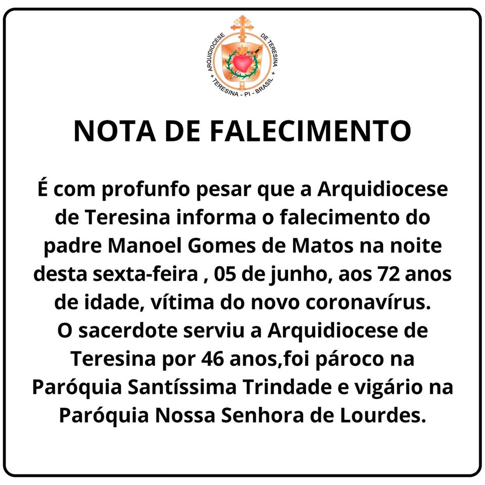 Nota de falecimento da Arquidiocese de Teresina