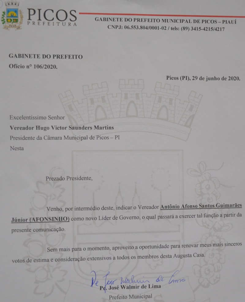 Cópia do ofício com a indicação do novo líder
