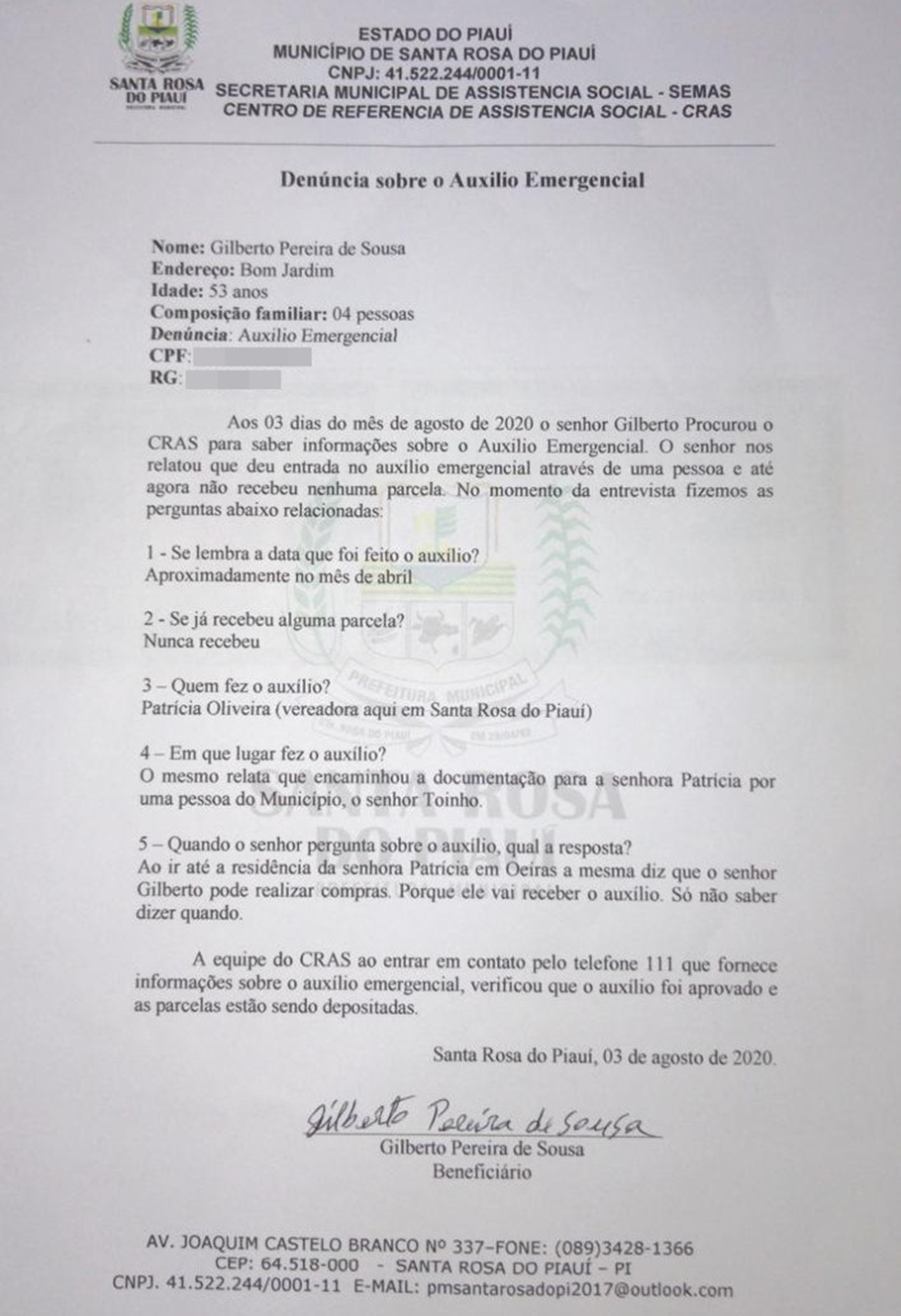 Denúncia assinada pelo beneficiário