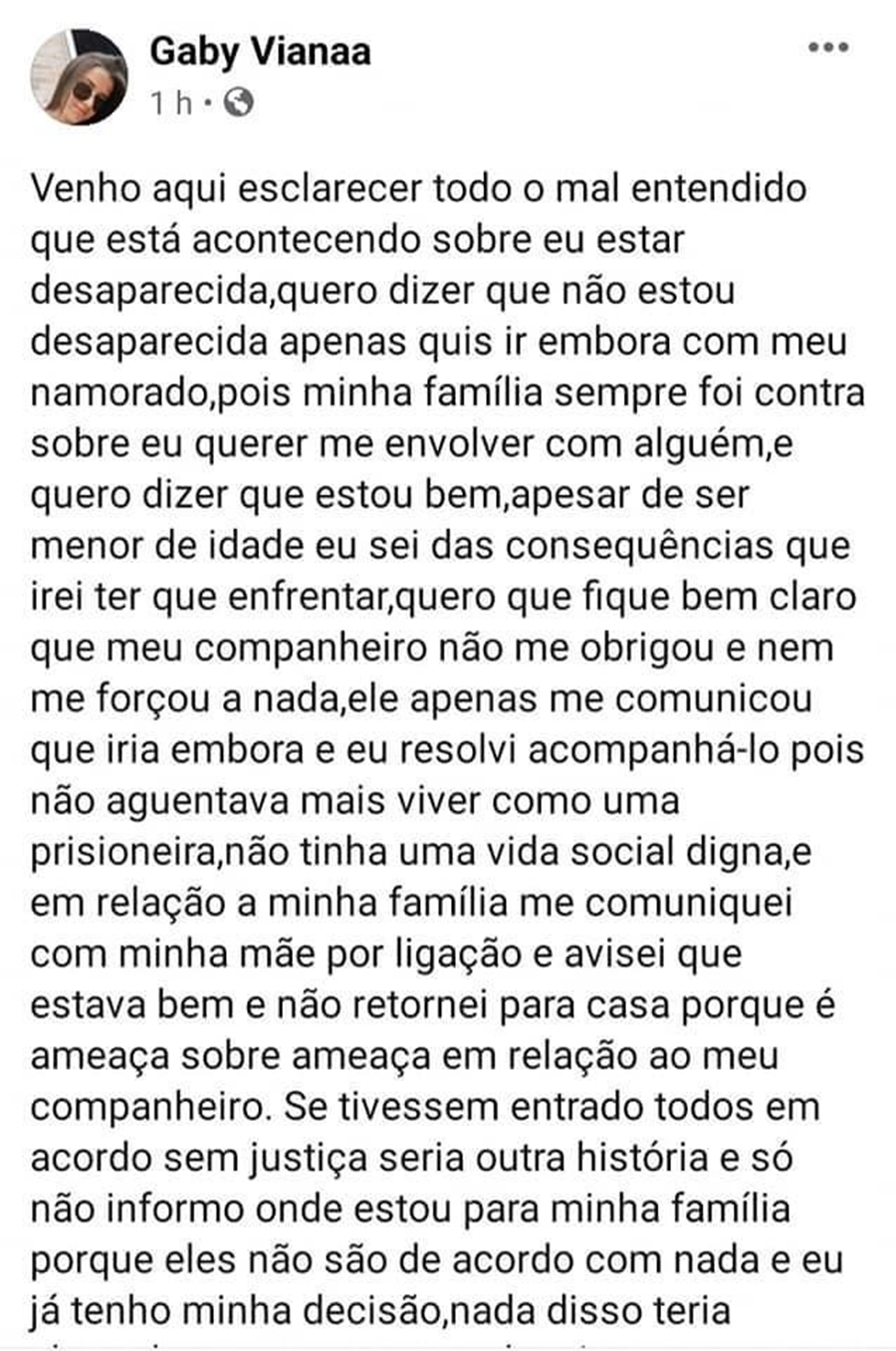 Maria Gabriele informa que fugiu com namorado.