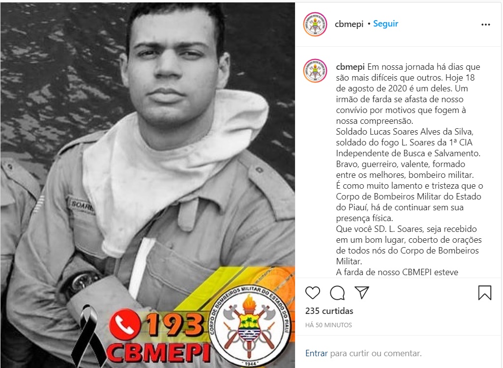 Corpo de Bombeiros lamenta morte de soldado