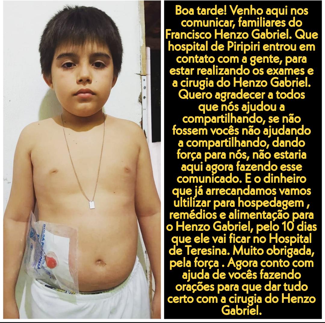 Henzo Gabriel consegue valor para cirurgia em Teresina
