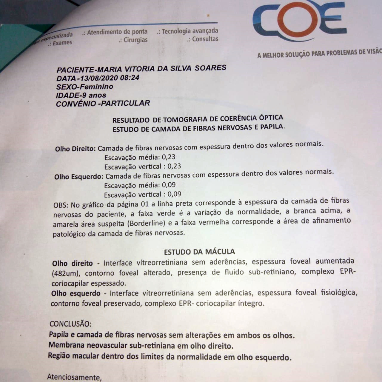 Laudo médico que atesta o problema no olho da menina