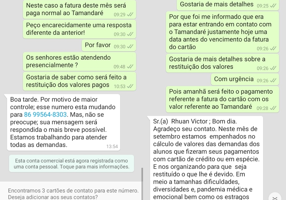 Conversa de Rhuan Victor com o centro educacional Tamandaré Concursos