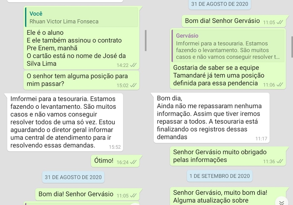 Conversa de Rhuan Victor com o centro educacional Tamandaré Concursos