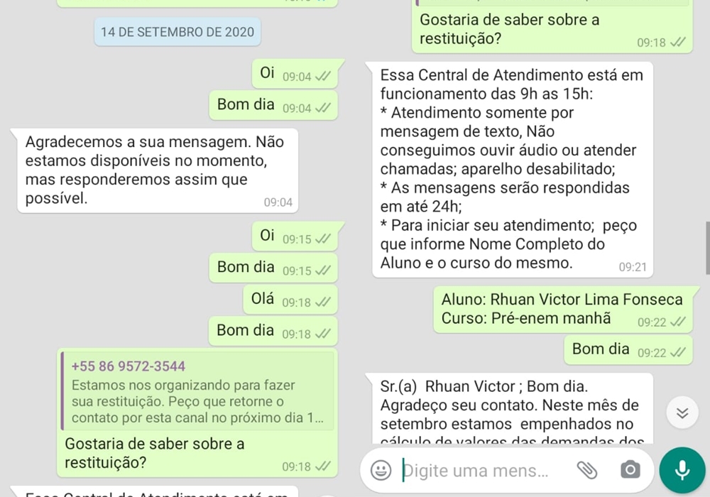 Conversa de Rhuan Victor com o centro educacional Tamandaré Concursos