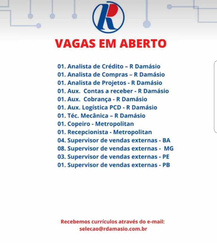 Vagas de emprego ofertadas pelo grupo R. Damásio